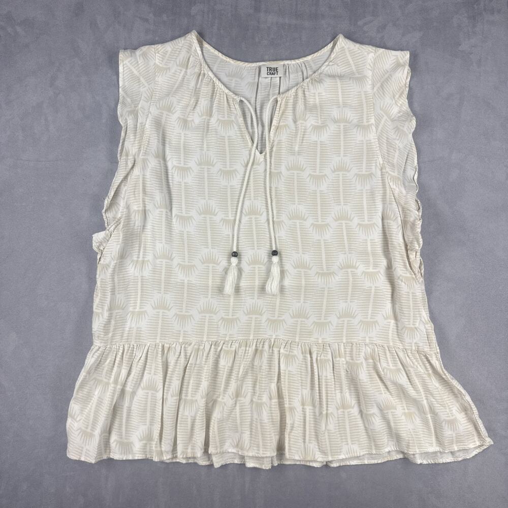 True Craft Women's Medium Ivory Boho Tassel Tie Sleeveless Rayon Peplum Blouse